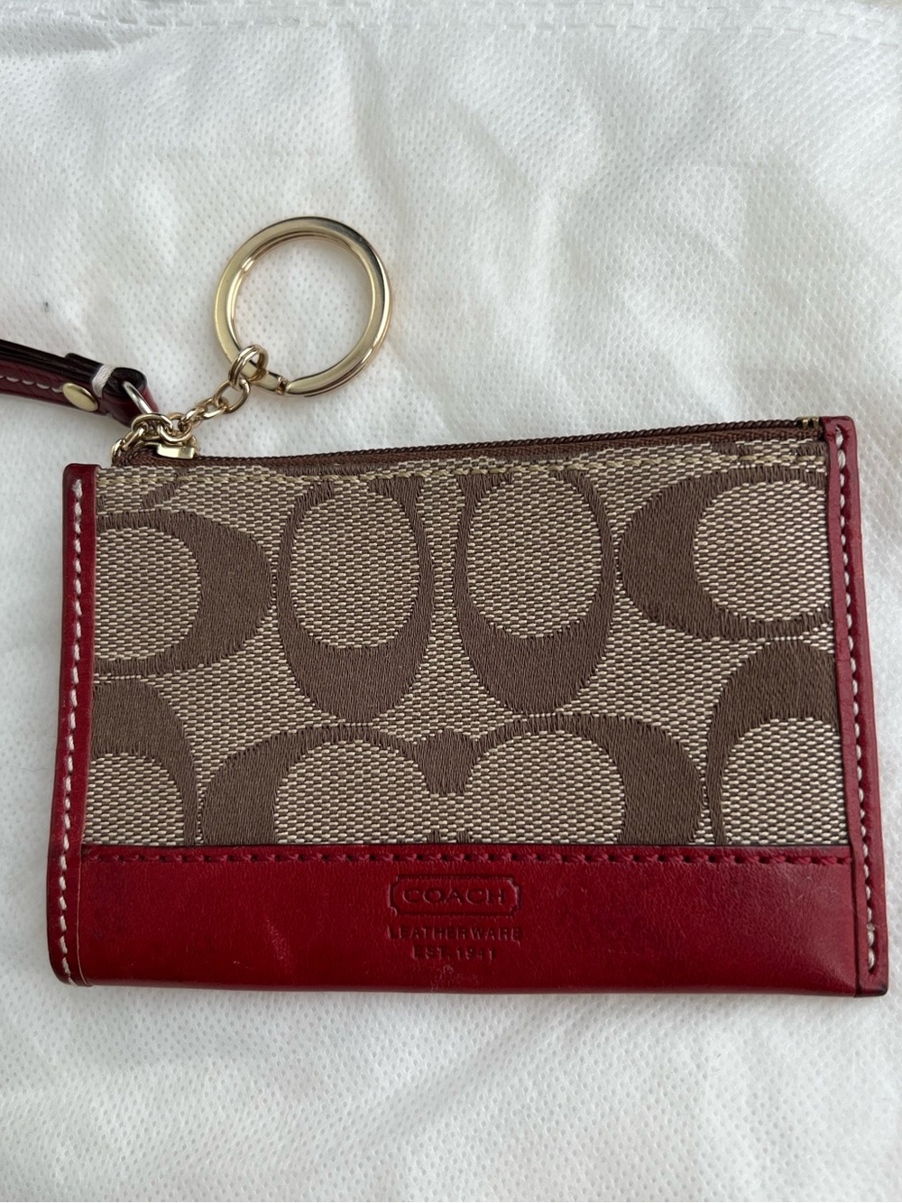 Coach Brown Signature Canvas with Red Leather Trim Key & Card Holder